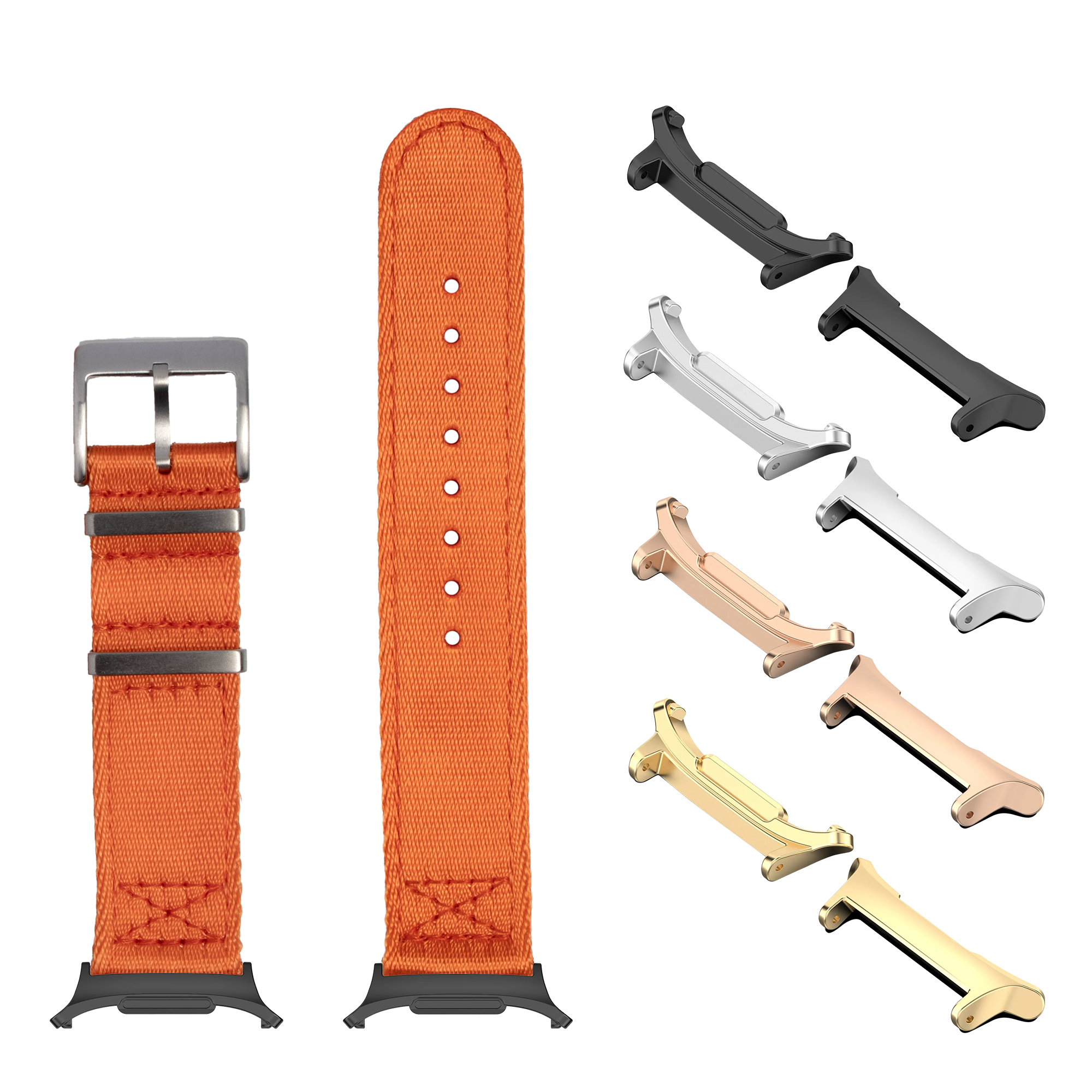 Orange fabric watch band with metal buckle and interchangeable lugs in multiple finishes for Galaxy Watch 8 Ultra