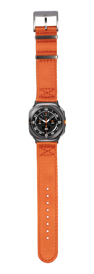 Orange fabric military watch strap with black dial face and silver buckle on white background