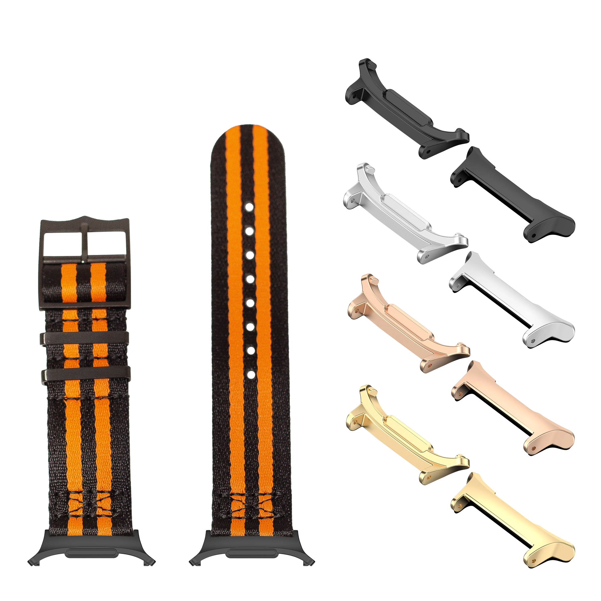 Galaxy Watch band set with black and orange striped militex strap, multiple metal hardware finishes including black, silver, rose gold and gold hardware options
