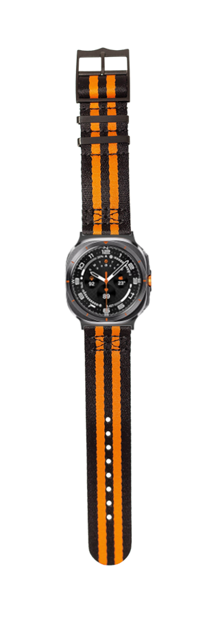 Black and orange striped fabric watch band with black hardware dial and military-style sport watch face