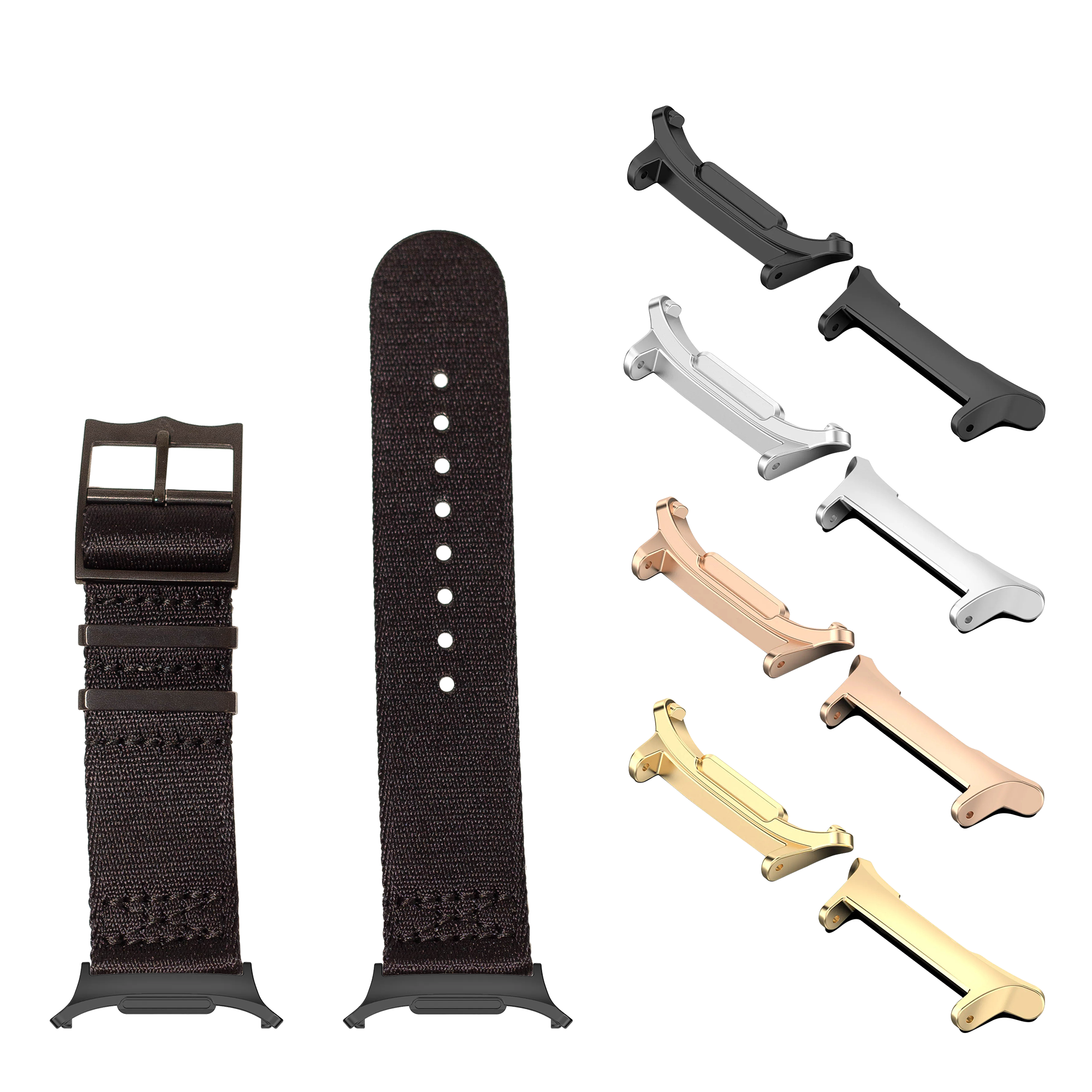 Galaxy Watch Ultra fabric band with interchangeable hardware in black, silver, rose gold, and gold finishes