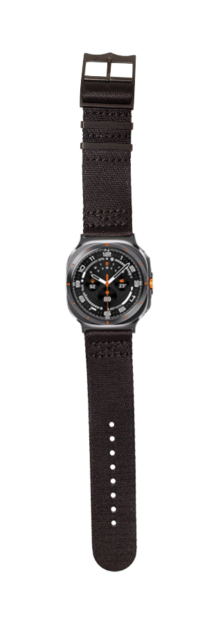 Military-style smartwatch with black fabric strap, gray case, and orange accents on black dial