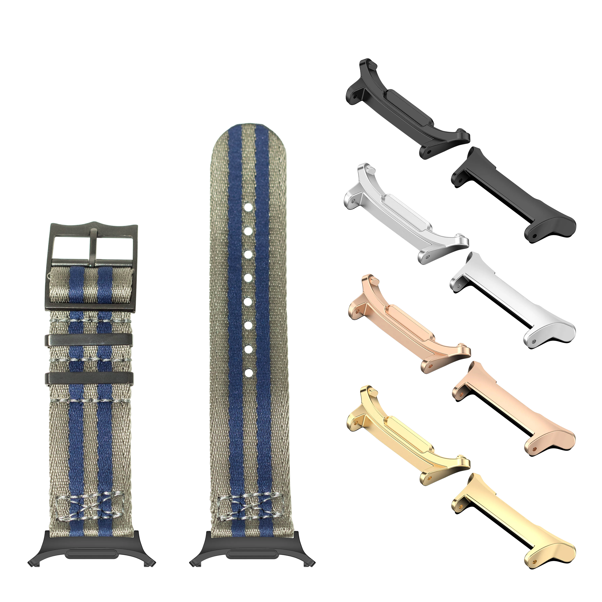 Military-style fabric watch band with blue and tan stripes, metal buckle, and interchangeable hardware in black, rose gold, and gold finishes