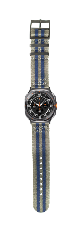 Tactical watch with stealth black steel case and blue striped military fabric band with orange accents
