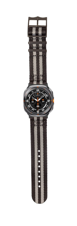 Black and grey striped canvas watch band with black hardware sport watch featuring orange accents and black dial