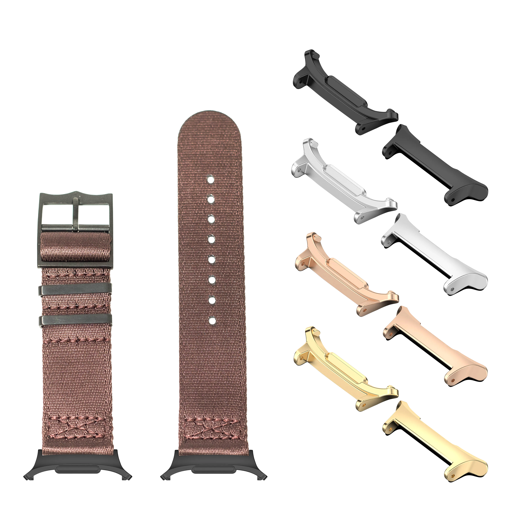 Ultra Militex Stealth Brown watch band with black hardware, shown with multiple interchangeable straps and metal adapters in various finishes