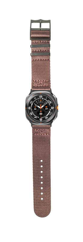 Stealth brown fabric watch band with black hardware for Galaxy Watch Ultra, featuring decorative stitching and adjustable fit