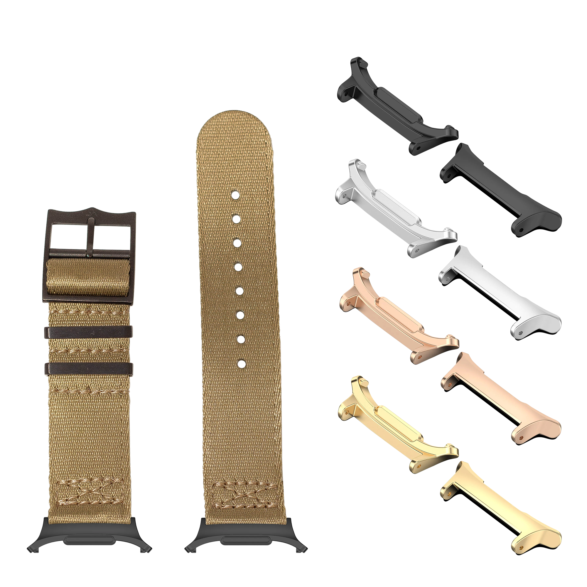Galaxy Watch band system with tan canvas straps, black hardware, and multiple metal connector options in gold, rose gold, silver and black finishes