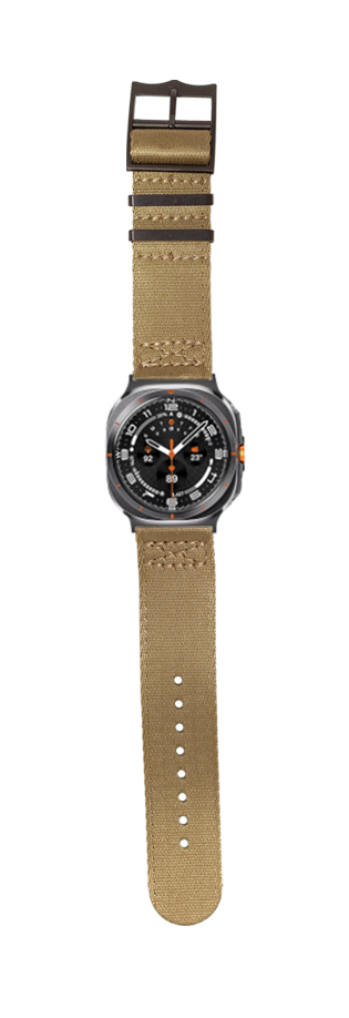 Tactical smartwatch with black dial and orange accents, tan canvas band with black hardware and adjustable strap