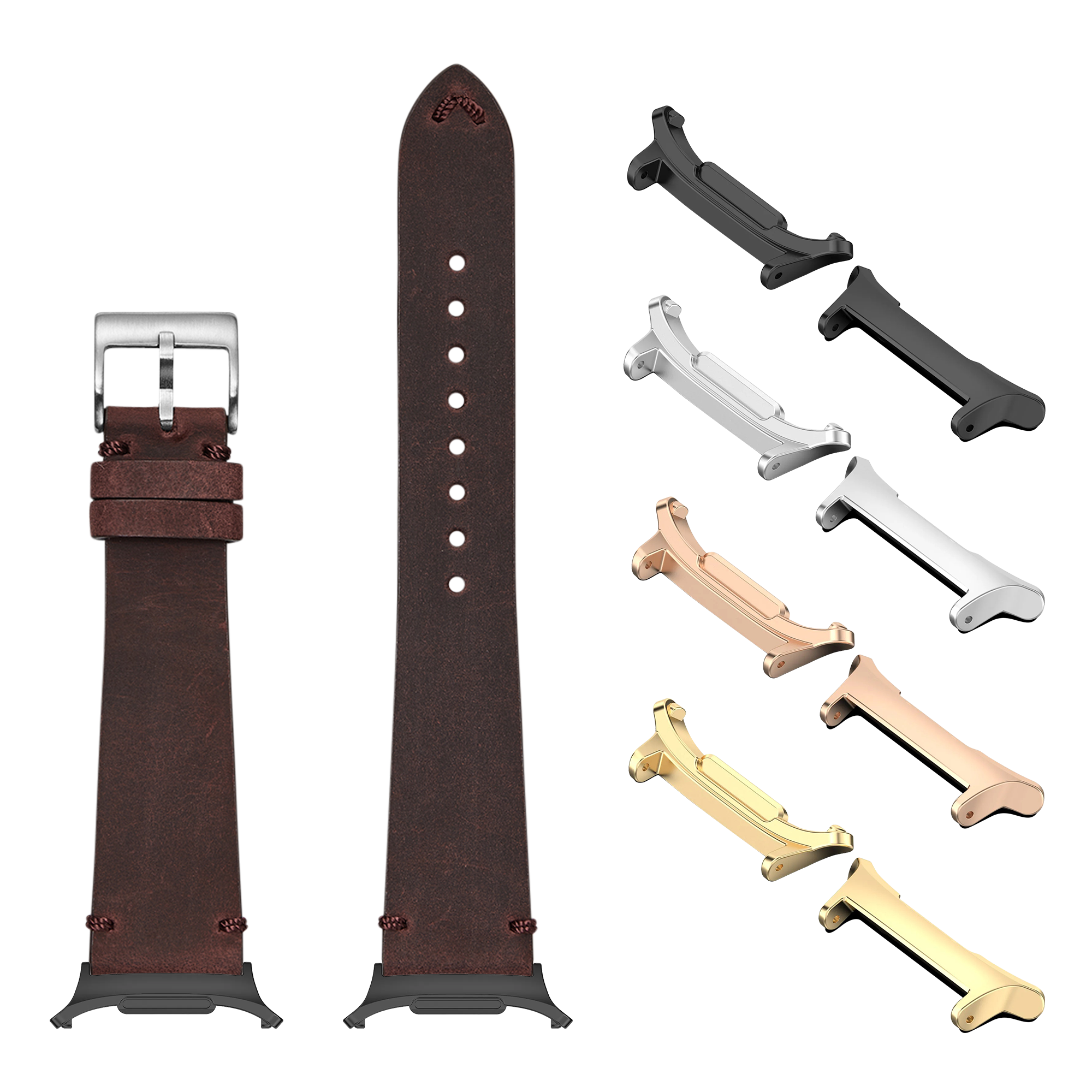 Dark red leather watch band with silver buckle, interchangeable metal lugs in multiple finishes, and sport case adapters