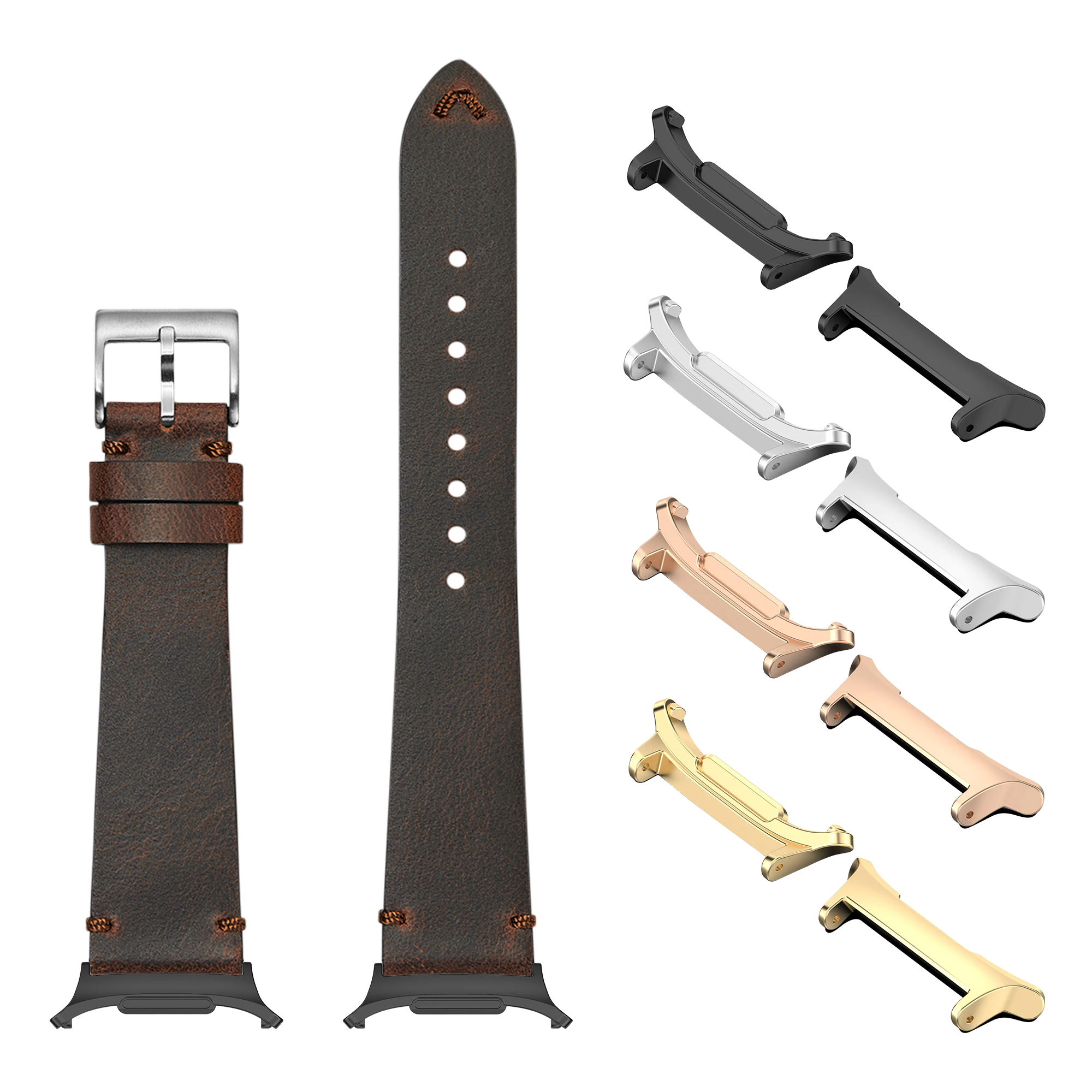 Vintage crazy horse leather watch band with interchangeable metal lugs in silver, black, rose gold and gold finishes for Galaxy Watch 8 Ultra