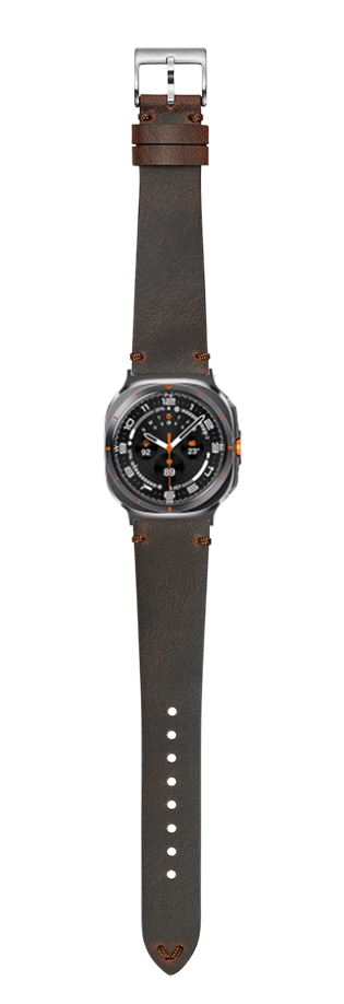 Vintage crazy horse leather watch strap in dark brown with red accents, metal buckle, and adjustable band with stud detailing