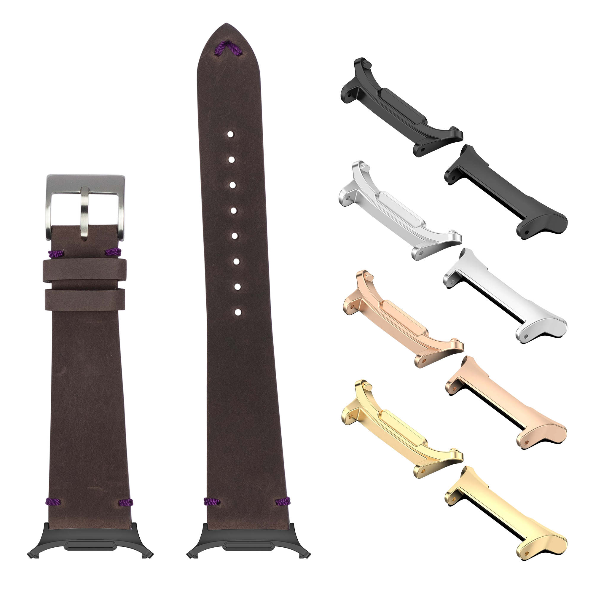 Dark brown vintage leather watch bands with violet stitching and interchangeable metal lugs in silver, gold, rose gold and black finishes