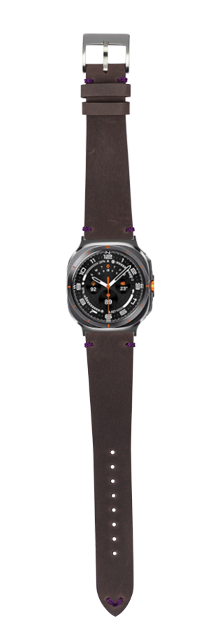 Dark brown vintage crazy horse leather watch band with violet stitching for Galaxy Watch, silver buckle, full length display