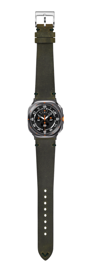 Vintage green crazy horse leather watch band with metal buckle and stud details on olive canvas strap