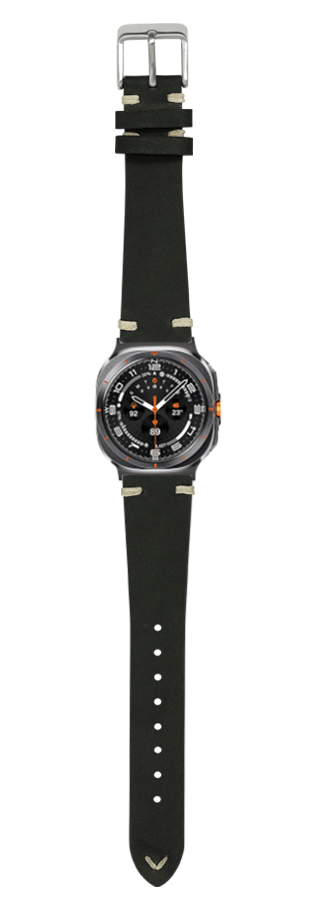 Black nubuck leather vintage knotted watch band with metal accents and buckle for Galaxy Watch 8/Ultra
