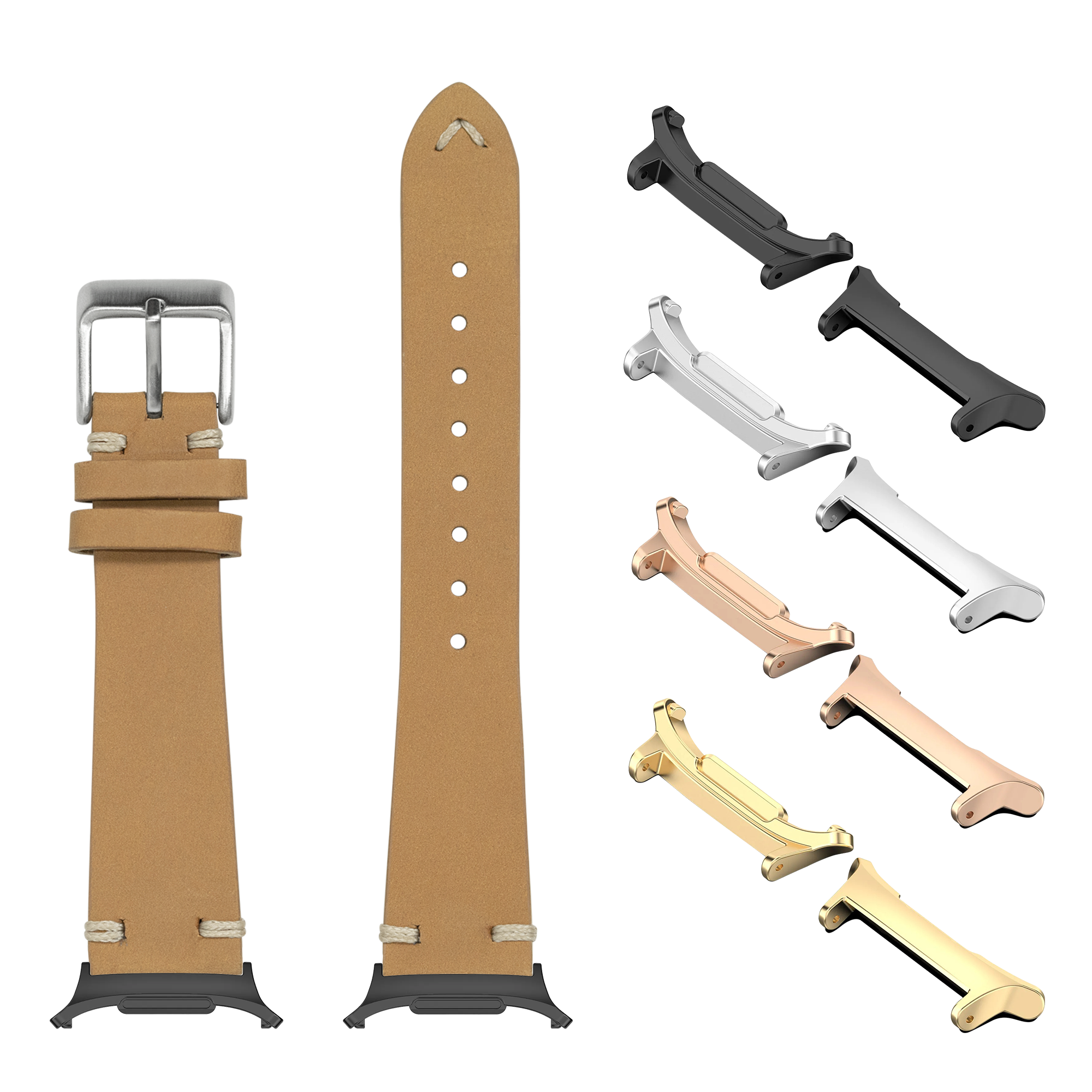 Tan nubuck leather watch band with metal buckle and interchangeable lugs in black, silver, rose gold, and gold finishes