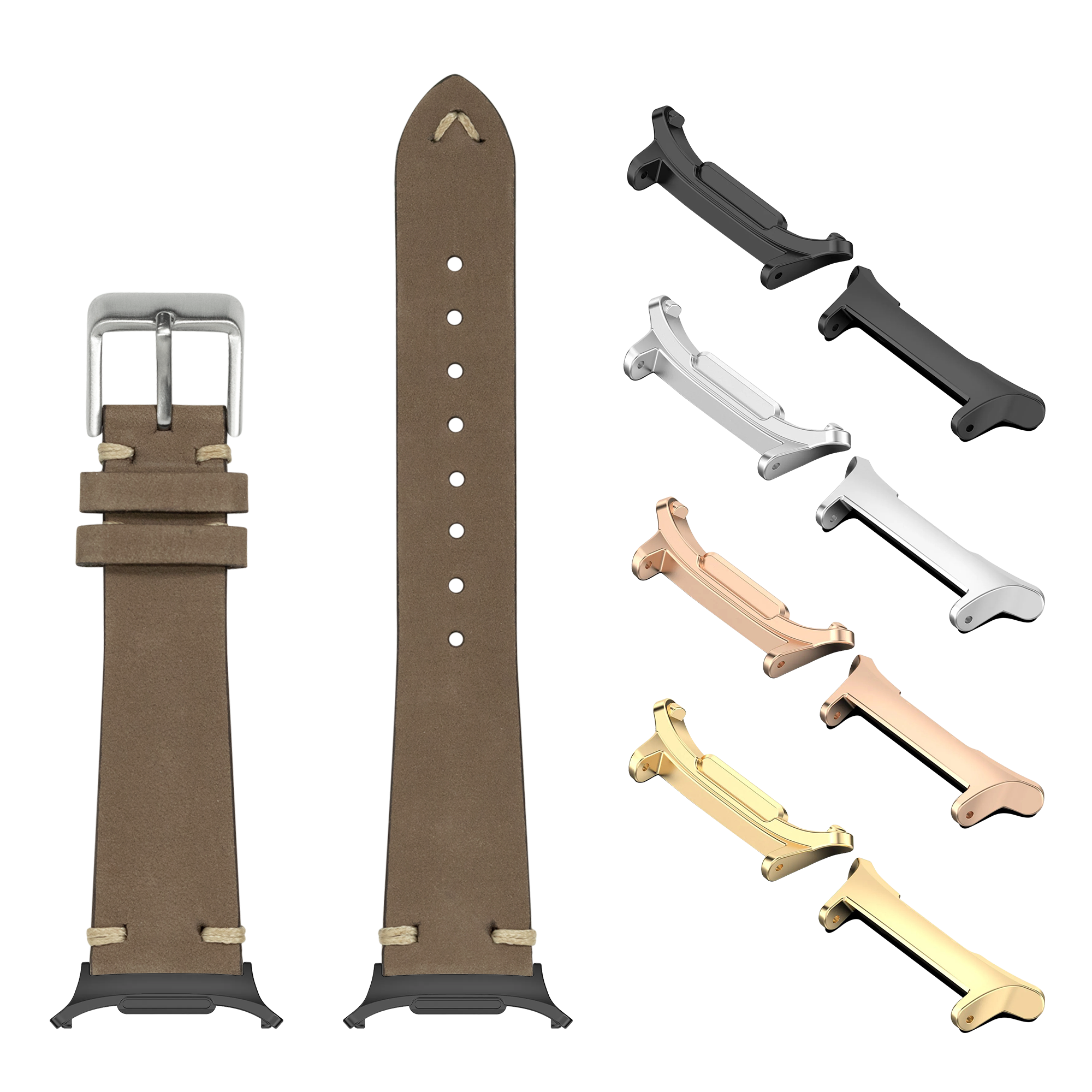 Brown nubuck leather watch band with vintage knotted design, silver buckle, and interchangeable metal lugs in black, silver, rose gold, and champagne finishes