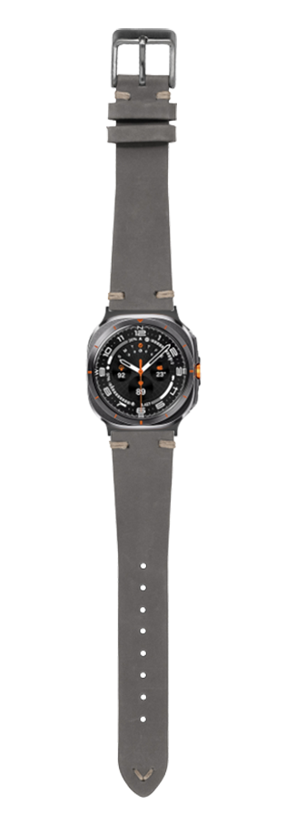 Grey nubuck leather watch band with vintage knotted design and metal buckle for Galaxy Watch 8 and Ultra