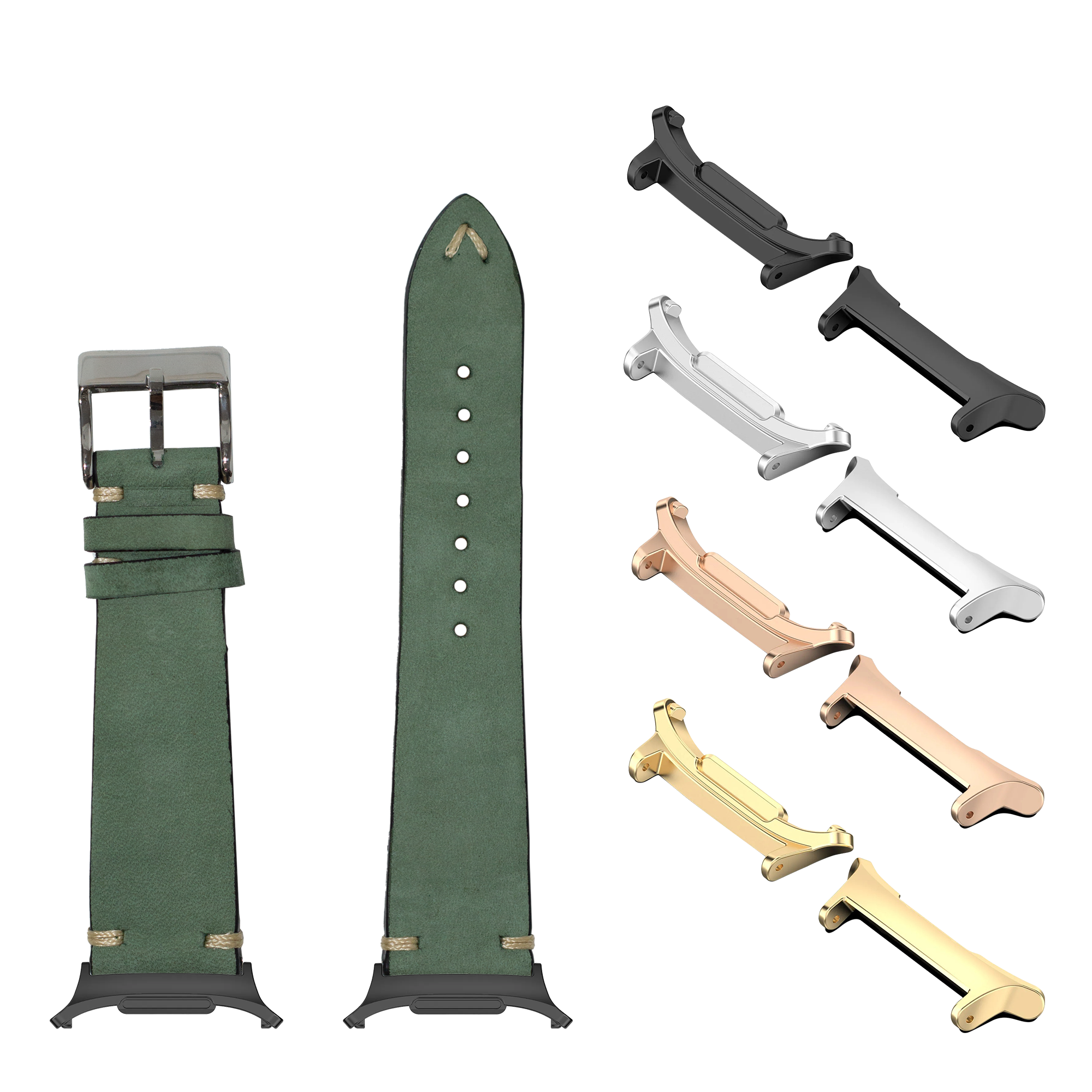 Green nubuck leather watch band with interchangeable metal lugs in multiple finishes including black, silver, rose gold, and gold