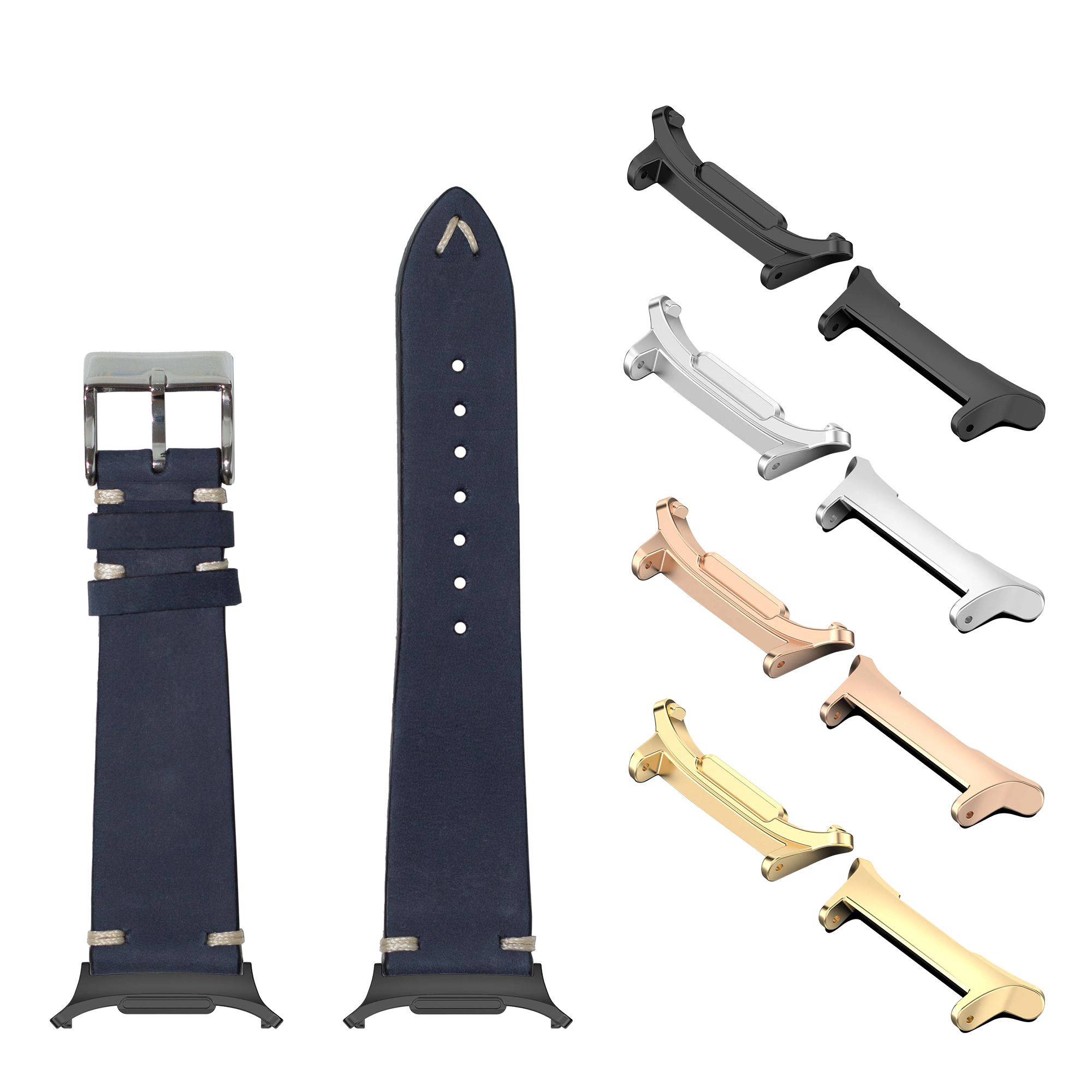 Navy blue nubuck leather watch band with interchangeable metal lugs in silver, rose gold, and gold finishes
