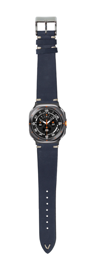 Navy blue nubuck leather watch strap with vintage knotted design and silver buckle for Galaxy Watch 8/Ultra