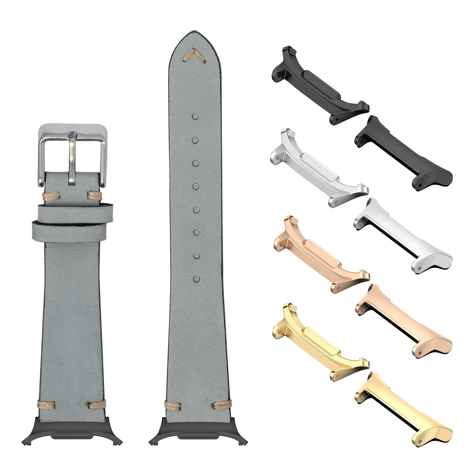 Vintage nubuck leather watch band in sky blue with interchangeable metal lugs in multiple finishes including black, silver, rose gold and gold
