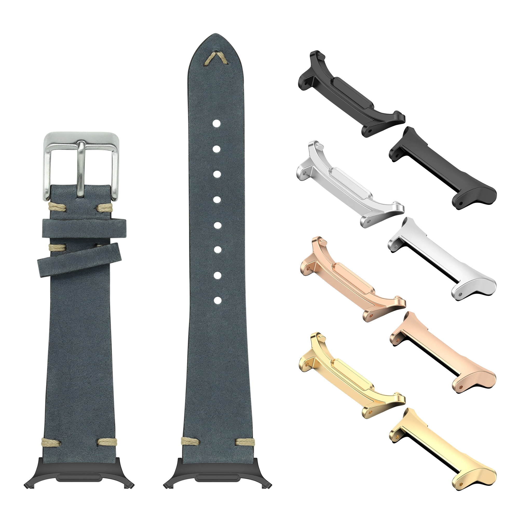 Slate grey nubuck leather watch band with interchangeable metal adapters in silver, gold, rose gold and black finishes for Galaxy Watch 8 and Ultra