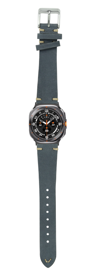 Slate grey nubuck leather watch band with vintage knotted design and metal buckle for Galaxy Watch Ultra
