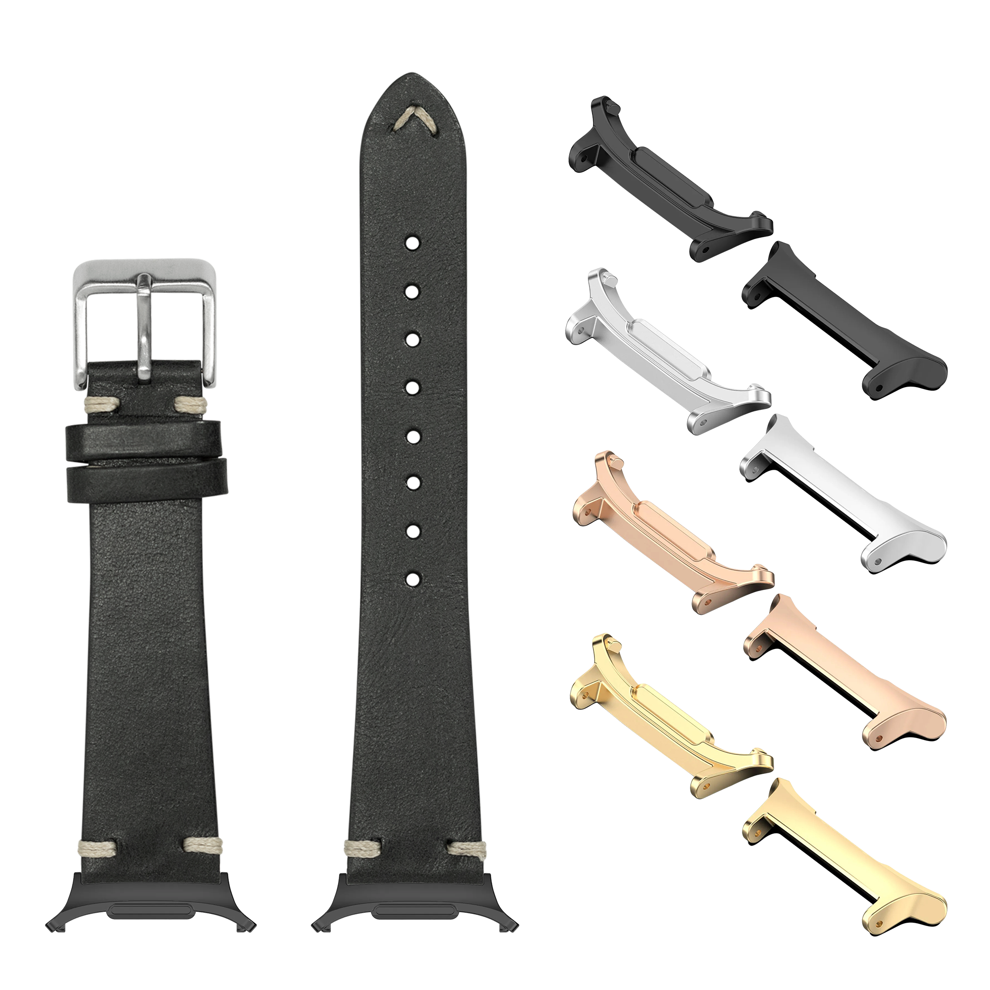 Black leather smartwatch band with silver buckle and interchangeable metal lugs in multiple finishes including rose gold, gold, silver and black