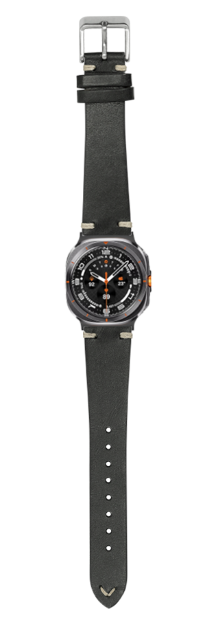 Black vintage knotted leather watch band with stainless steel buckle and orange accent dial