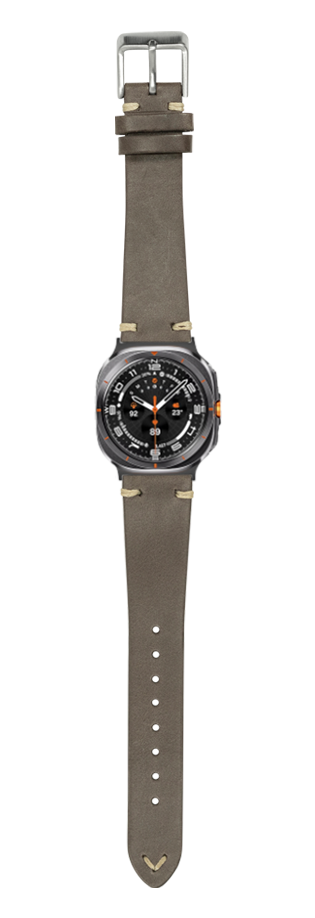 Men's smartwatch with dark brown vintage leather band and black dial with orange accents, metal buckle clasp