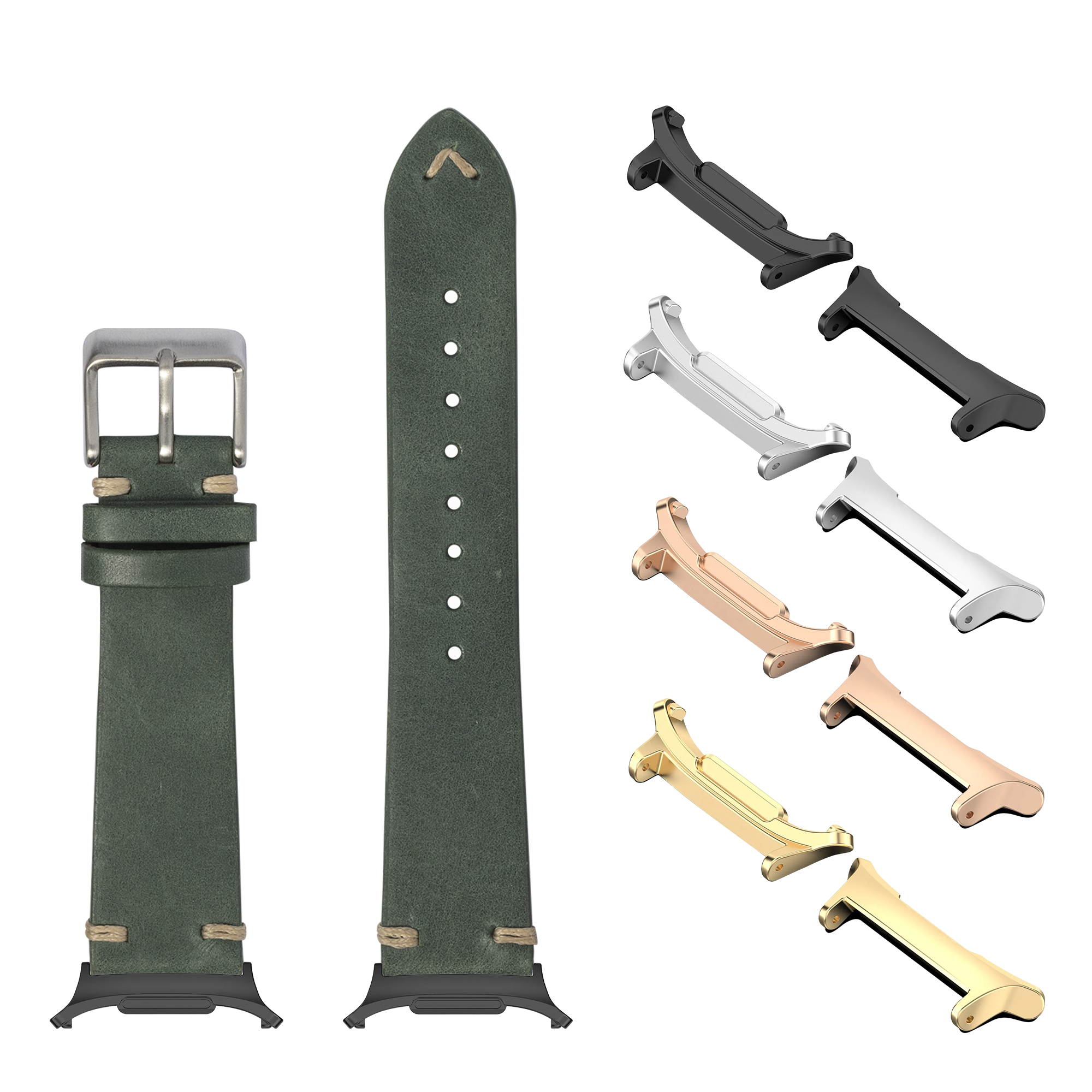 Forest green leather watch bands and interchangeable metal lugs in silver, gold, rose gold and black finishes