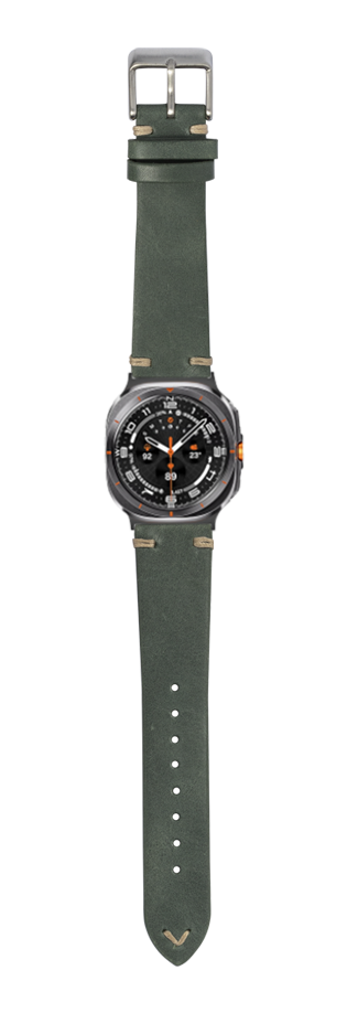 Vintage forest green leather watch band with knotted design and brushed metal buckle for Galaxy Watch 8/Ultra
