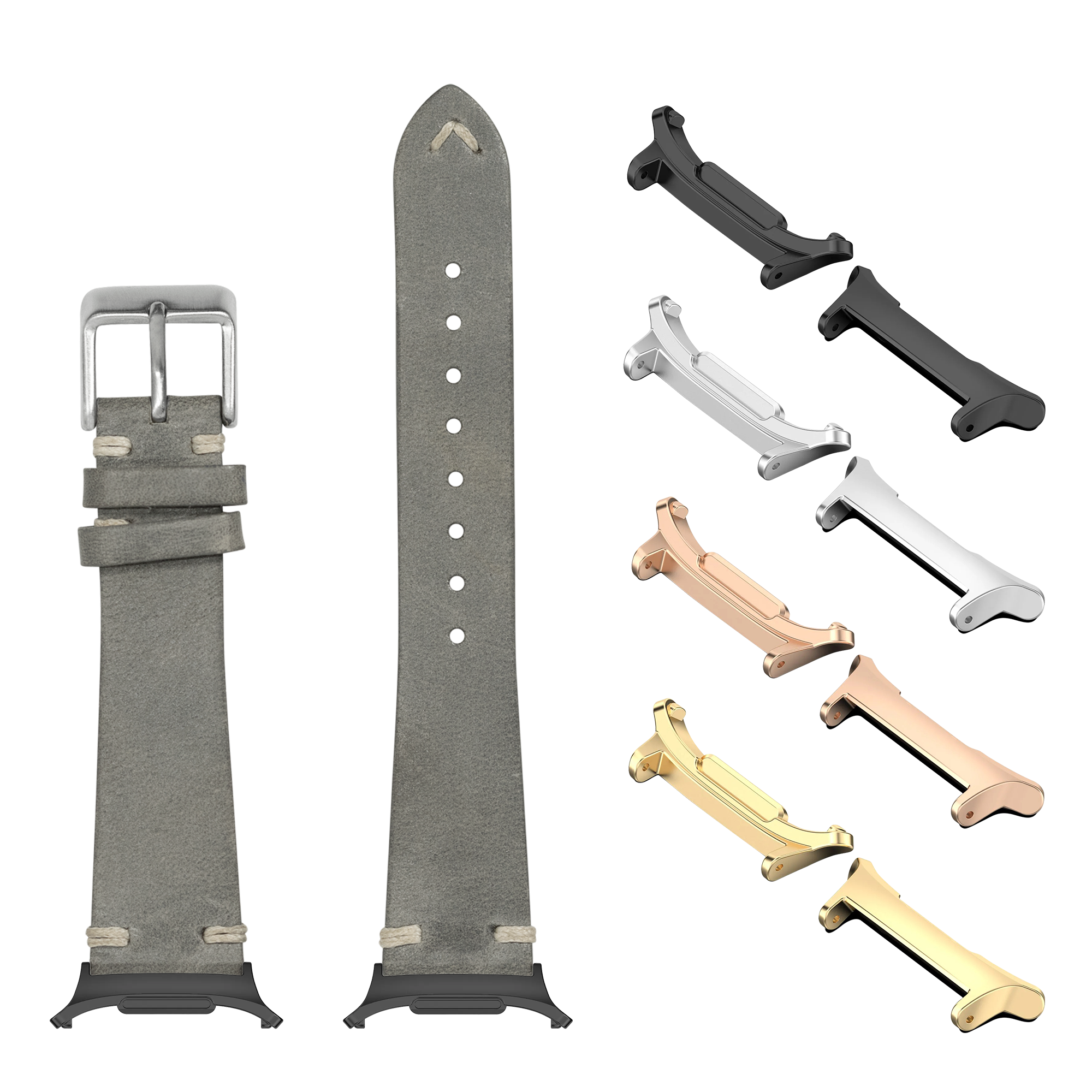 Grey vintage knotted leather watch band with interchangeable metal lugs in multiple finishes for Galaxy Watch 8 Ultra