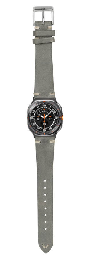 Vintage grey leather watch strap with knotted design and buckle closure, displayed on black sport watch face