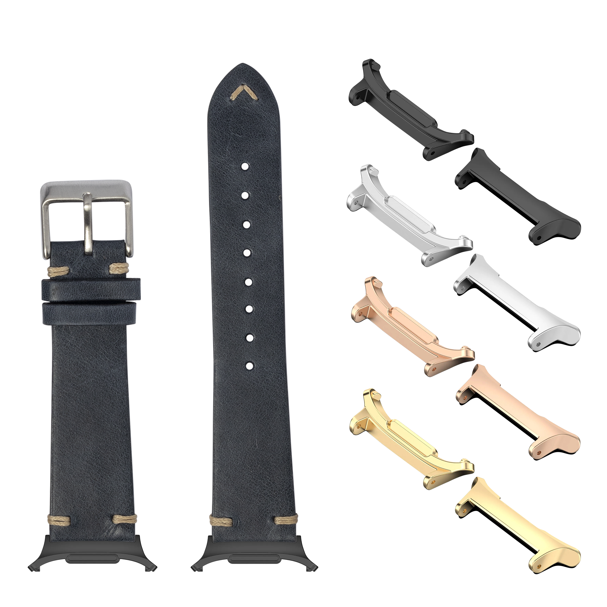 Navy blue vintage knotted leather watch strap with interchangeable metal lugs in gold, rose gold, silver and black finishes