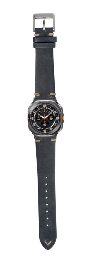 Vintage navy blue knotted leather watch band with gunmetal case and orange accents on round dial