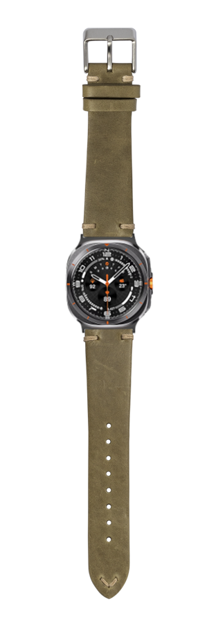Olive green vintage knotted leather watch band for Galaxy Watch 8 and Ultra with metal buckle and black dial display