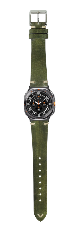 Vintage knotted leather smartwatch band in smoked amazon green with metal buckle and orange accents