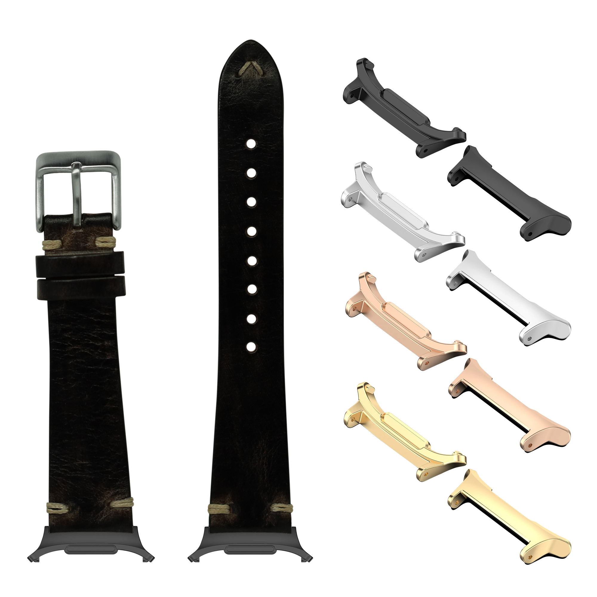 Vintage knotted leather watch band in smoked black with multiple metal buckle options in silver, gold, rose gold and black finishes