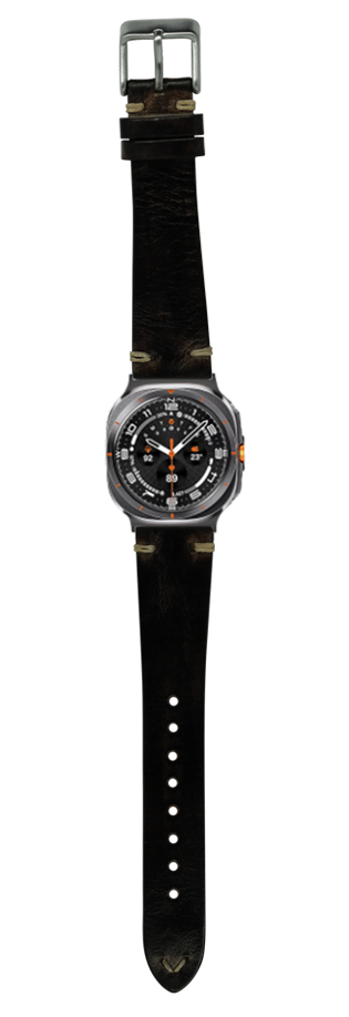Vintage knotted black leather watch strap with silver buckle and smoked dial chronograph watch