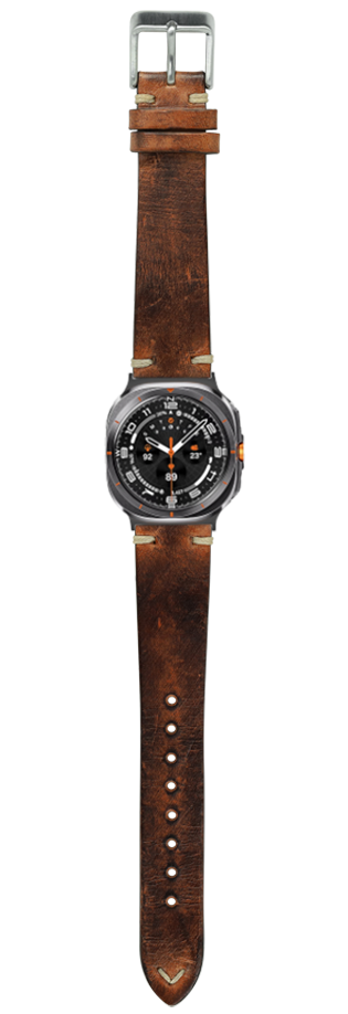 Vintage smoked brown leather watch band with knotted design and metal buckle on black chronograph watch face