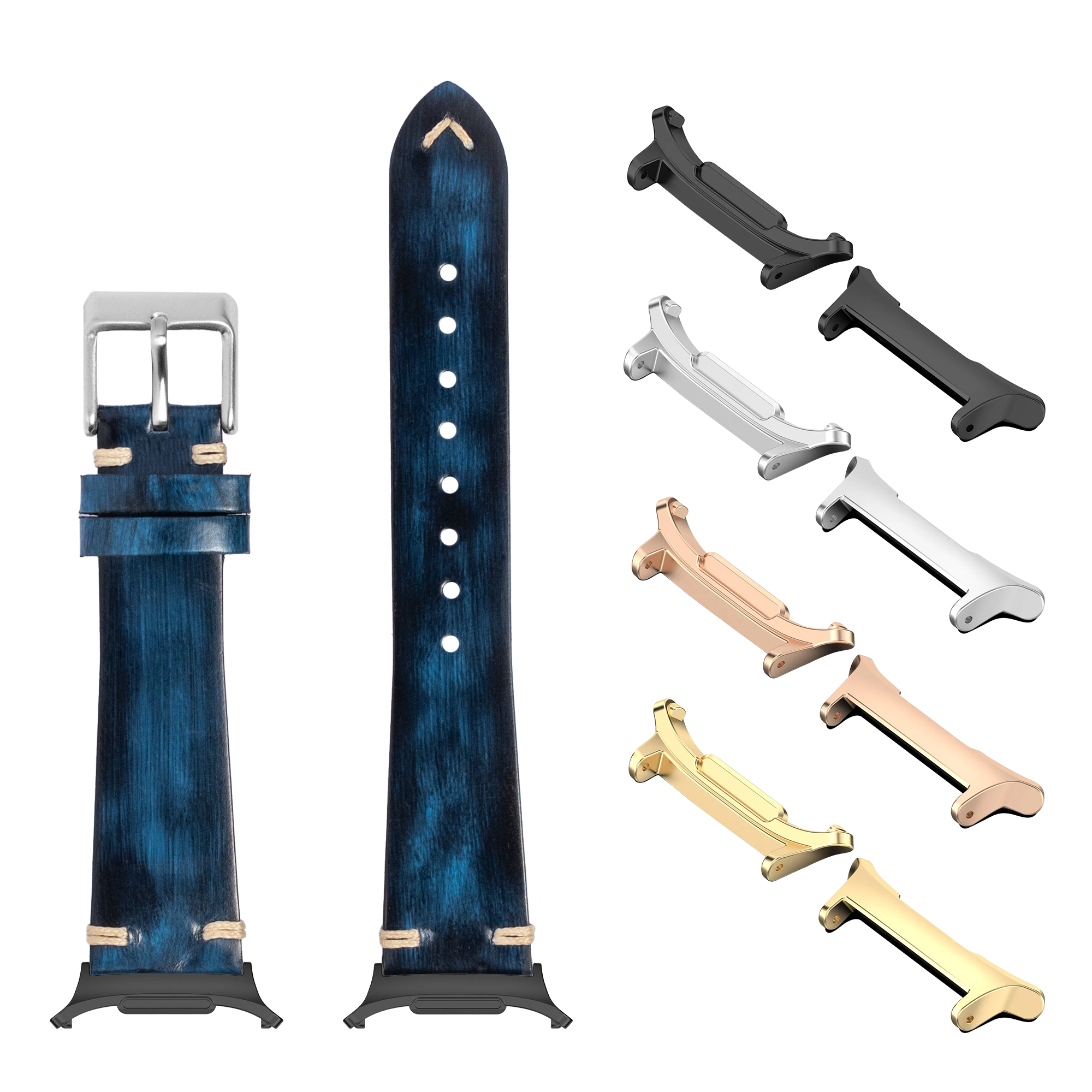 Smoked navy blue vintage knotted leather watch band with interchangeable metal lugs in silver, rose gold, and gold finishes