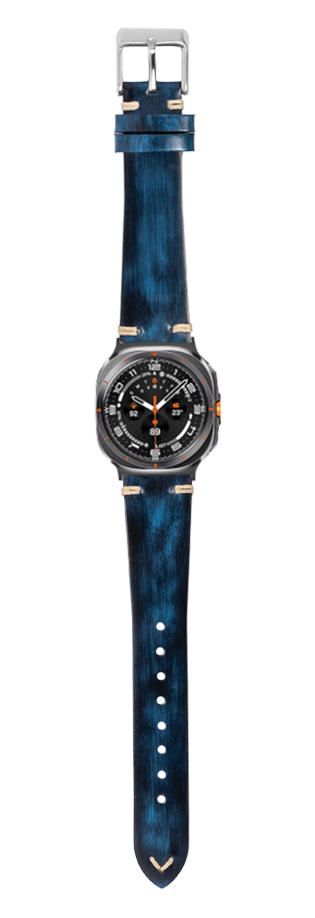 Vintage knotted leather smartwatch band in smoked navy blue with black dial and rose gold accents