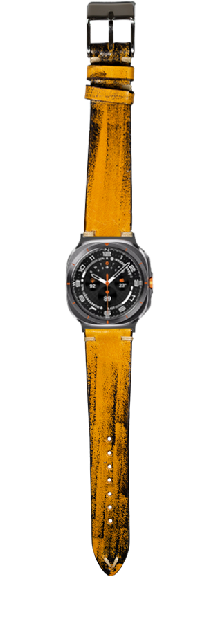 Vintage knotted leather watch band in smoked yellow with distressed finish, gunmetal buckle, orange dial sports watch strap