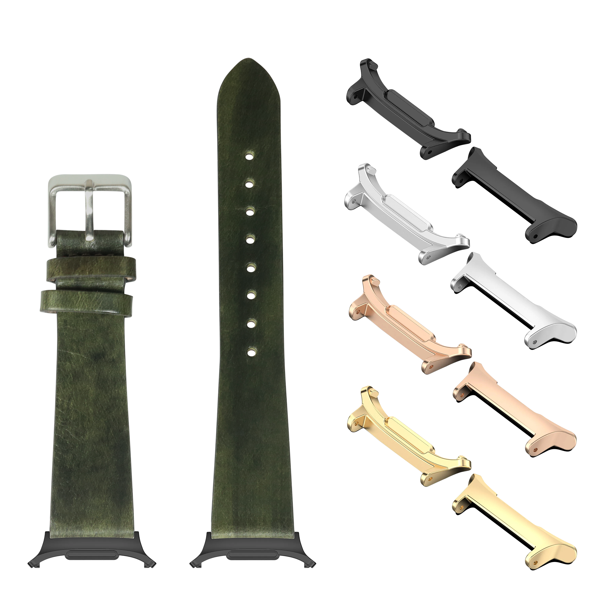 Vintage burnished Amazon green leather watch band with metal buckle and interchangeable lugs in multiple finishes including black, silver, rose gold and gold
