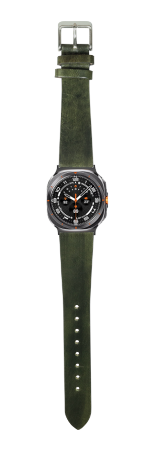 Vintage burnished Amazon green leather watch band with gunmetal case and black dial featuring orange accents on Galaxy Watch