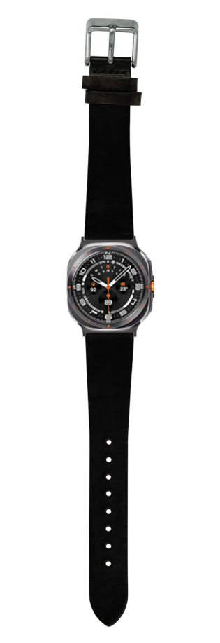 Vintage smoked black leather watch band with silver buckle and orange accents on sport watch dial