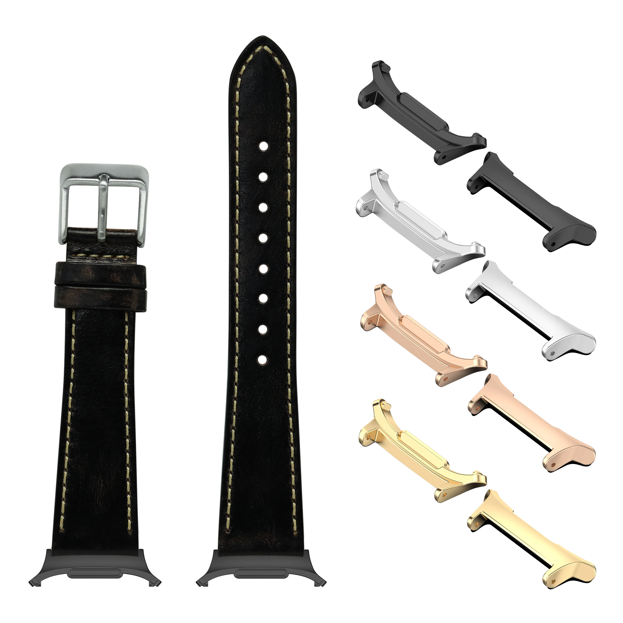 Black leather smartwatch band with contrast stitching, silver buckle, and interchangeable metal lugs in multiple finishes including black, silver, rose gold, and gold